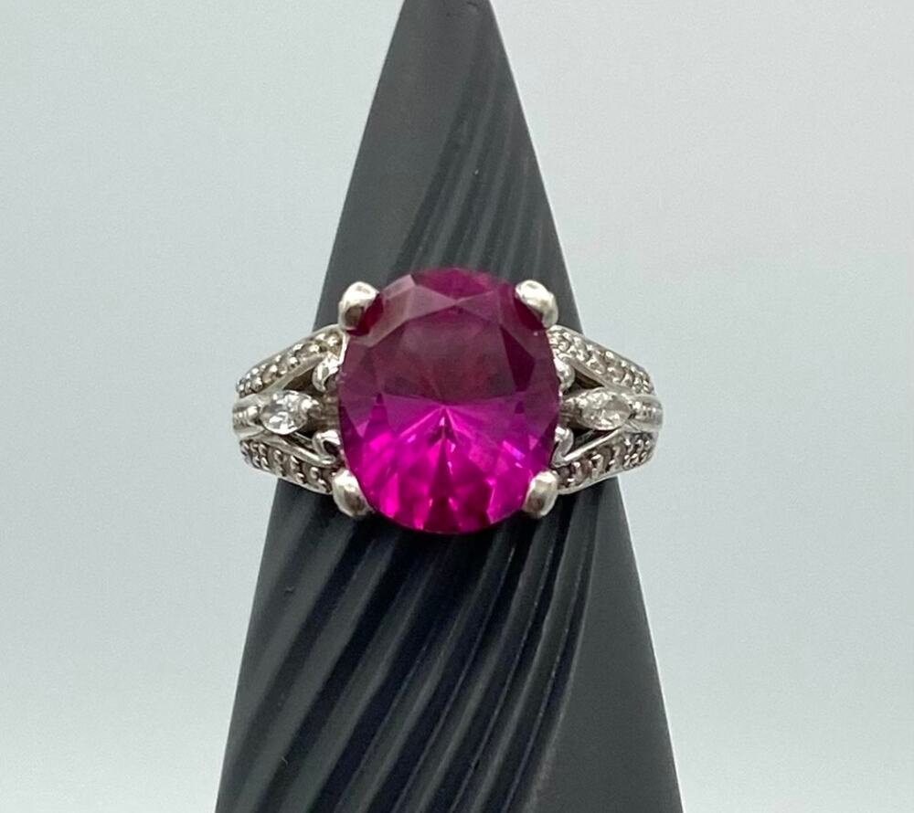 Vintage Sterling Silver Lab Created Ruby Ring Oval Raspberry Pink Cocktail 5.75